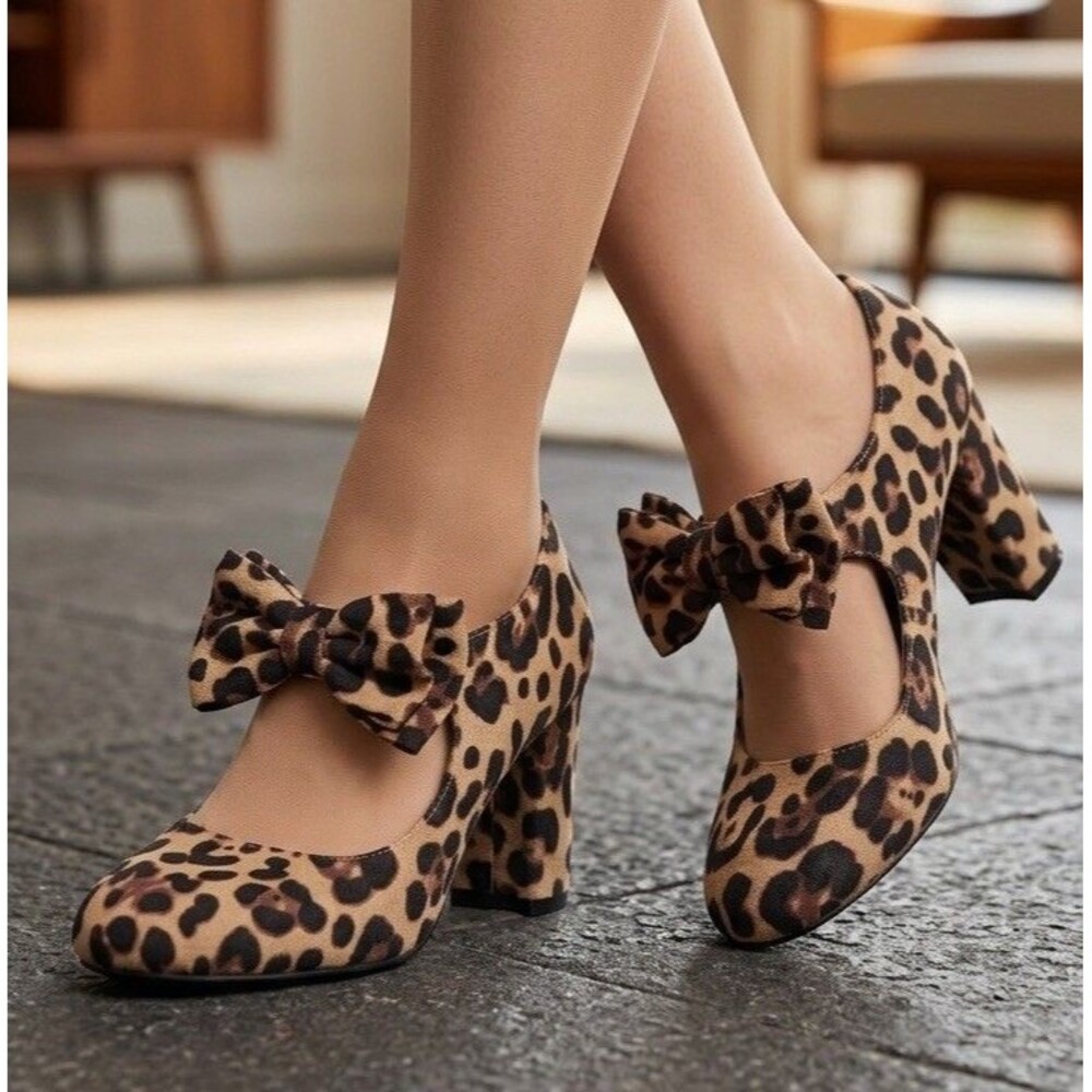 Maiernisi Jessi Leopard Print Dress Shoes Heels Bow Detail Block Heel  Size 9.5